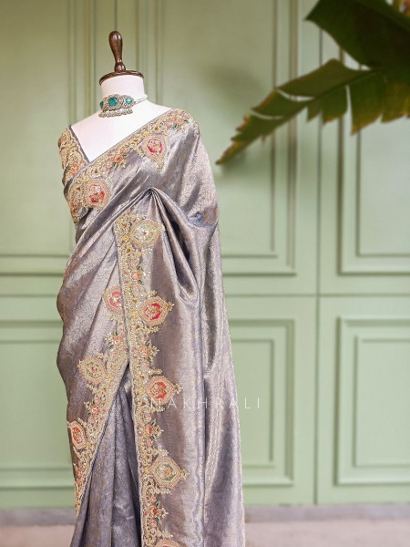 Royal Princess Grey Banarasi Silk Saree with Zardozi Detailing