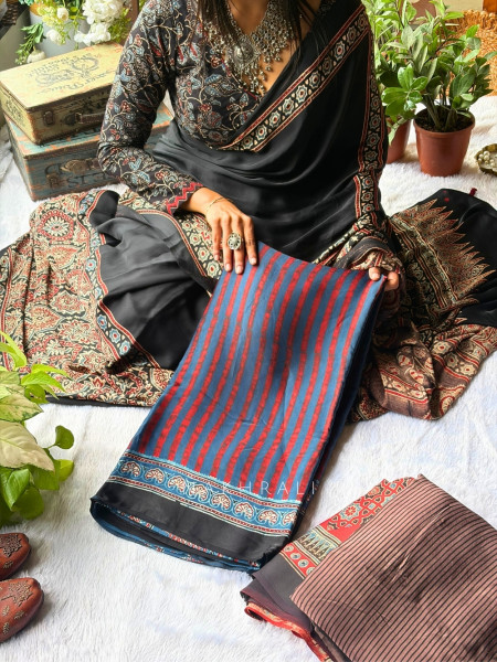 Kashti Blue  Modal Saree with Ajrak Border