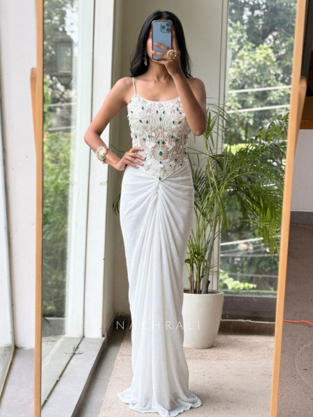 Sitara Veil WhiteMicro-Shimmer Georgette Crop Top Skirt Set