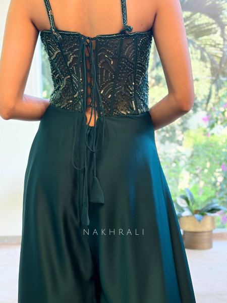 Aaral Teal Green Corset Jumpsuit with Sequin Embroidery