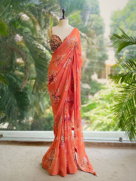 Sunset Bloom Orange Floral Saree with Beaded Scallop Border