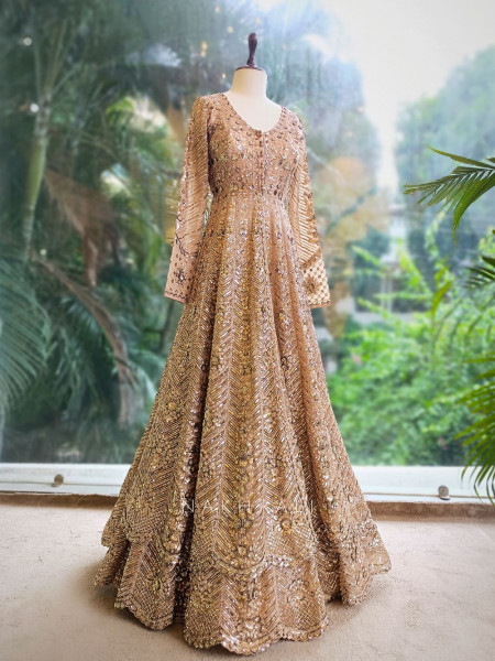 Mocha Glam Brown Achkan Pattern Lehenga with Zari Sequin Work
