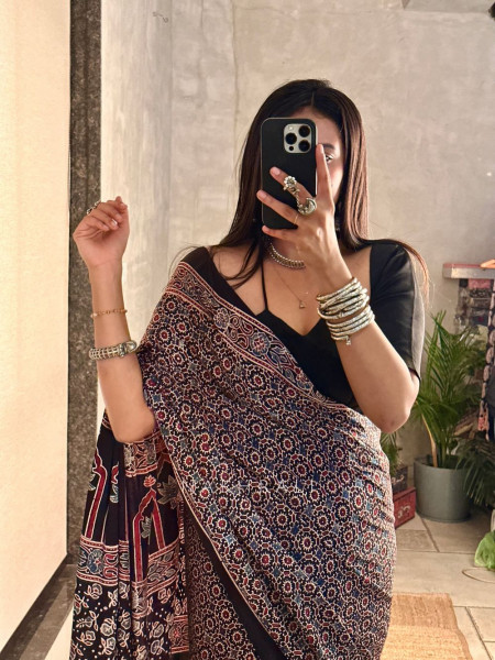 Mehr Black Modal Silk Saree with Ajrakh Inspired Print