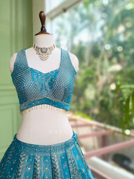 Mrigesha Rama Banarasi Silk Lehenga Set With Mirror Cutdana Work