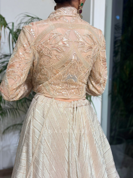 Hemisha Cream Crinkled Metallic Tissue-Satin & Tulle Jacket Lehenga Set