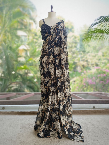Carvella Black Pure Georgette Semi-Organza Floral Saree with Embroidered Bustier Blouse