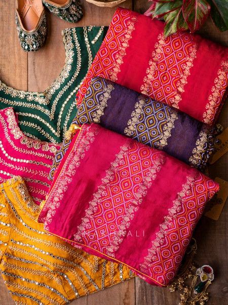 Pravahini Red Bandhani Saree with Sequin, Cut Dana & Mirror Work Readymade Blouse