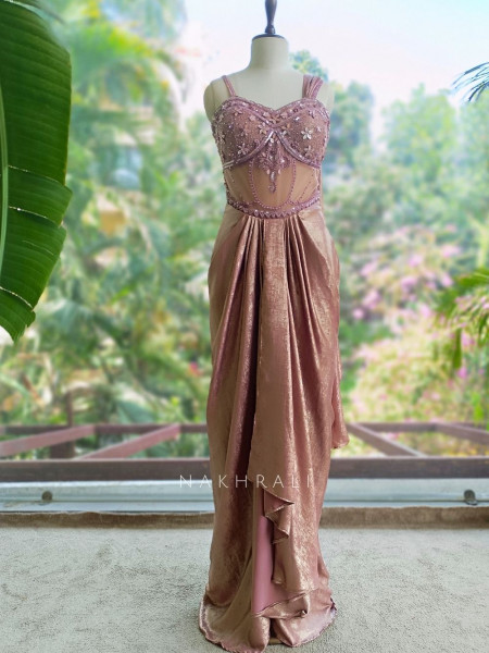 Seriva Peach Long Drape Gown with Bead and Sequin Work