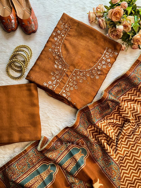 Aarunya Brown Dress Material Set with Mirror Work & Printed Dupatta