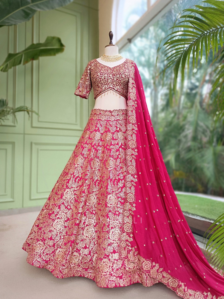 Image of Pushkara Magenta Raw Silk  Bridal Lehenga