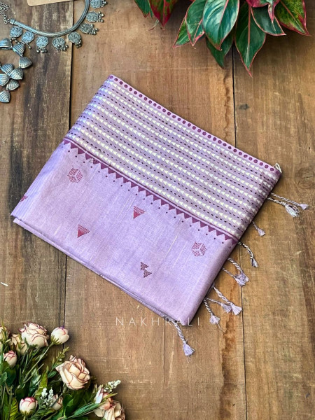 Vadi Purple Raw Silk Saree with Embroidery & Block Print