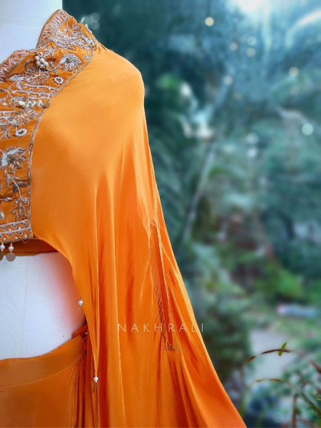 Radiant Orange Crop Top Skirt Set with Cape