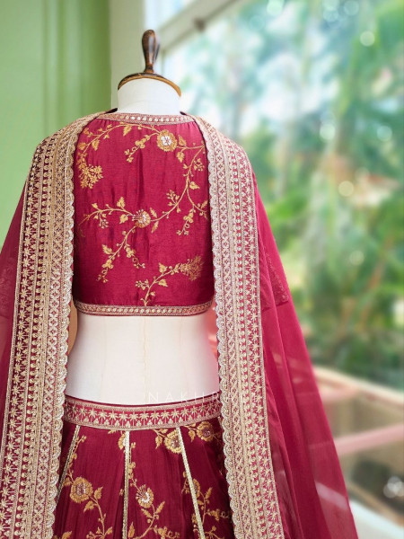 Orvian Maroon Lehenga Set with Floral Weave Sequin Border Work