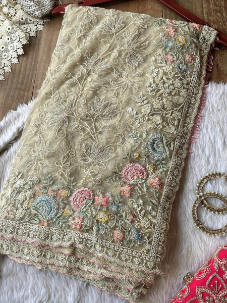 Mrinmayi Beige French Net Saree With Pearl Cutdana & Pastel Resham Work