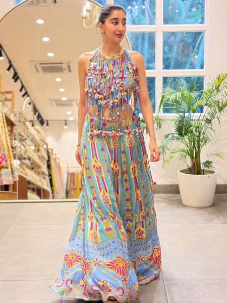 Marina Blue Muslin Silk Crop Top Skirt Set With Cowrie Shell & Tassel Fringe Work
