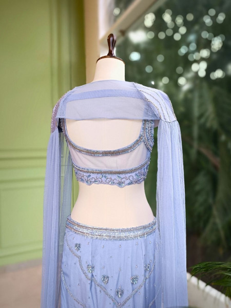 Elysia Grey Embroidered Crop Top Skirt Set with Cape