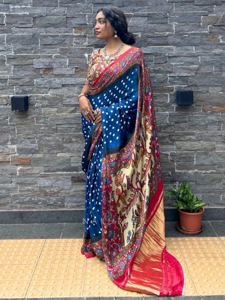 Bindu-Kalam Indigo Blue Gaji Silk Bandhani Saree
