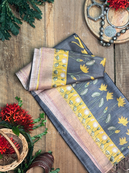 Chitrawali Charcoal Grey Tussar Silk Saree with Pichwai Art