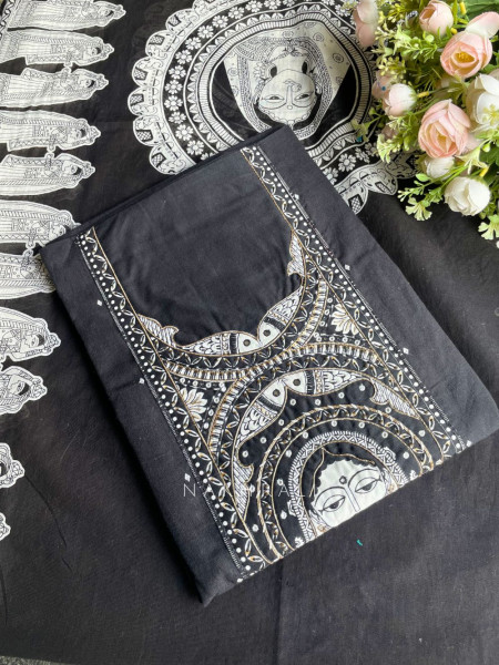 Cynera Black Cotton Dress Material with Madhubani Art Print