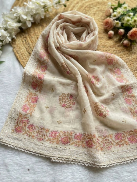Maristelle Cream Floral Printed Dress Material with Embroidered Yoke