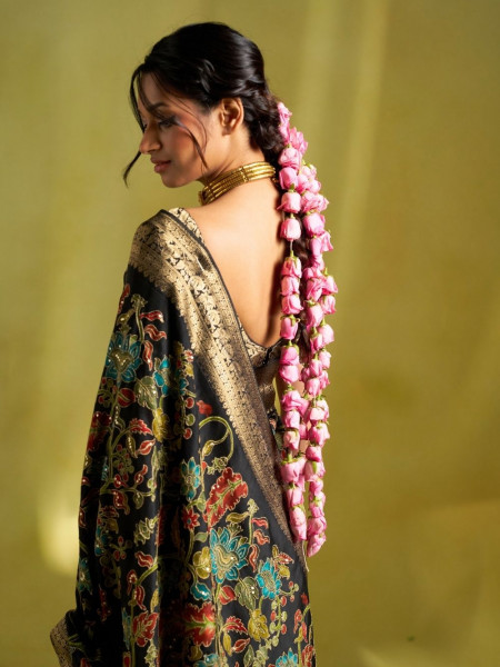 Noor-E-Naaz Black Dola Silk Saree with Banarasi Weave