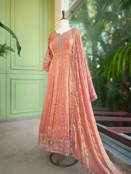 Zareen Peach Sequin & Bead Anarkali Set