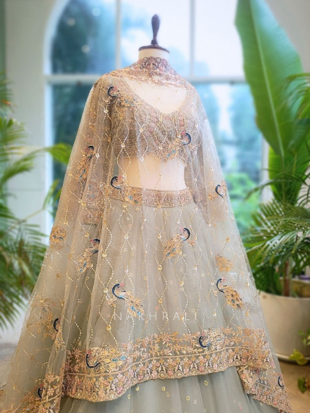 Emerald Grace Sea Green Net Lehenga with Embroidery & Zari Work