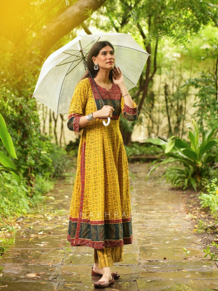 Imroz Mustard Cotton Flared Kurta Pant Set