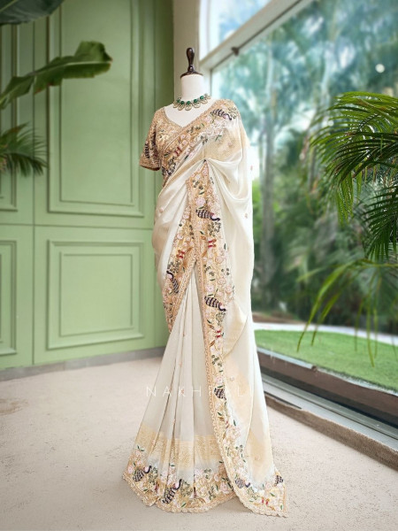 Meadowlark Cream Saree with Readymade Blouse and Beads Thread Embroidery