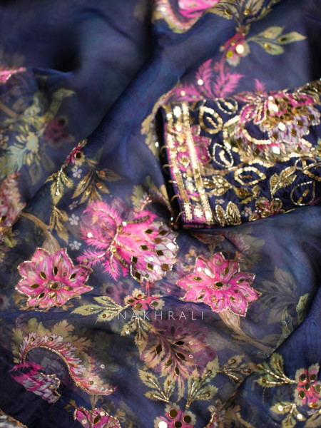 Madhulekha Navy Blue Organza/Georgette Tissue Saree with Readymade Blouse