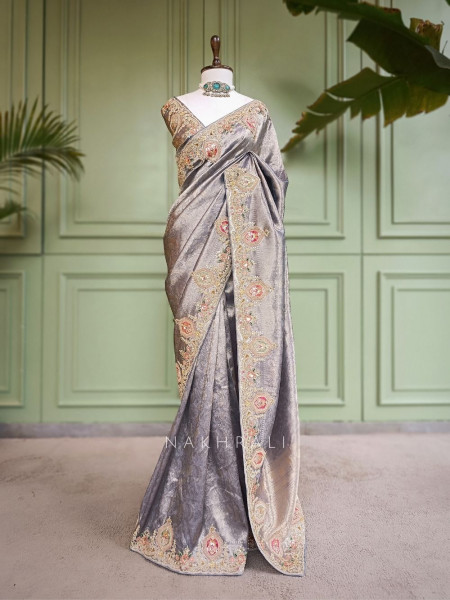 Royal Princess Grey Banarasi Silk Saree with Zardozi Detailing