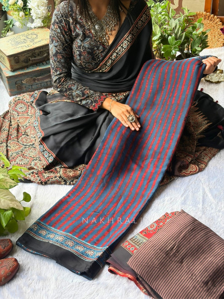Kashti Blue  Modal Saree with Ajrak Border