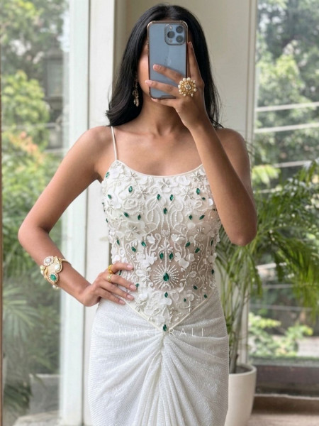 Sitara Veil WhiteMicro-Shimmer Georgette Crop Top Skirt Set