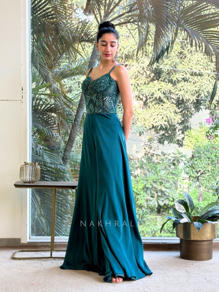 Aaral Teal Green Corset Jumpsuit with Sequin Embroidery
