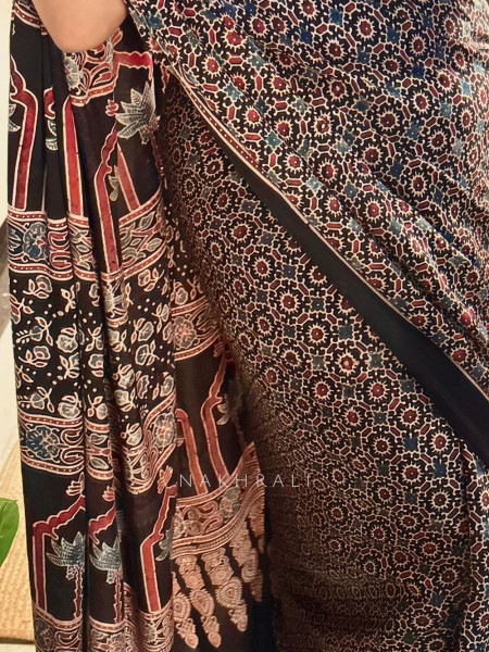 Mehr Black Modal Silk Saree with Ajrakh Inspired Print