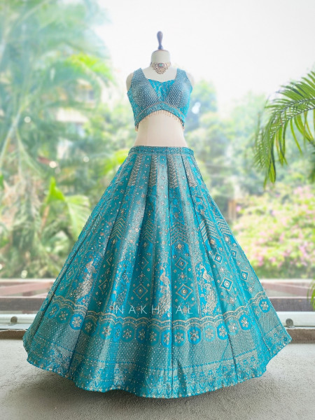 Mrigesha Rama Banarasi Silk Lehenga Set With Mirror Cutdana Work
