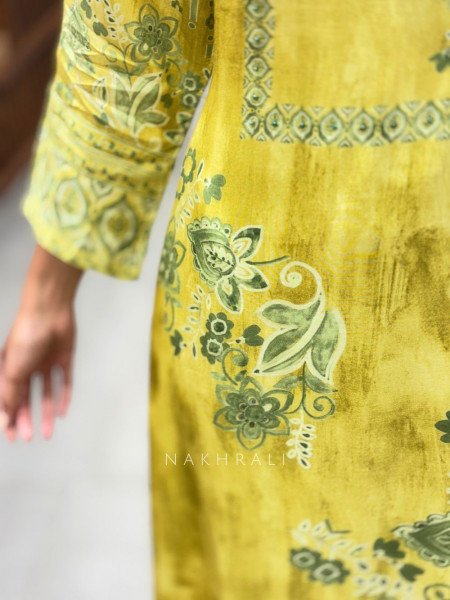 Sunhera Yellow Muslin Suit Set with Floral Print