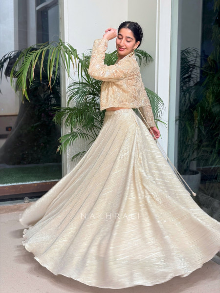 Hemisha Cream Crinkled Metallic Tissue-Satin & Tulle Jacket Lehenga Set
