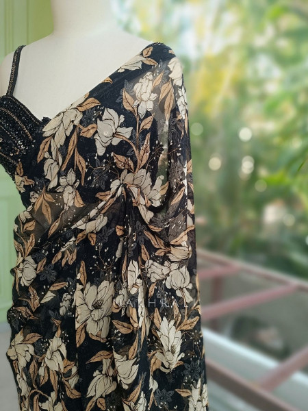 Carvella Black Pure Georgette Semi-Organza Floral Saree with Embroidered Bustier Blouse