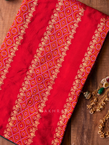 Pravahini Red Bandhani Saree with Sequin, Cut Dana & Mirror Work Readymade Blouse