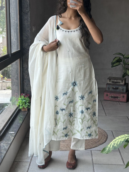 Phoolvika Cream Khadi Cotton Suit Set with Embossed Flower Work