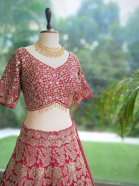 Pushkara Magenta Raw Silk  Bridal Lehenga