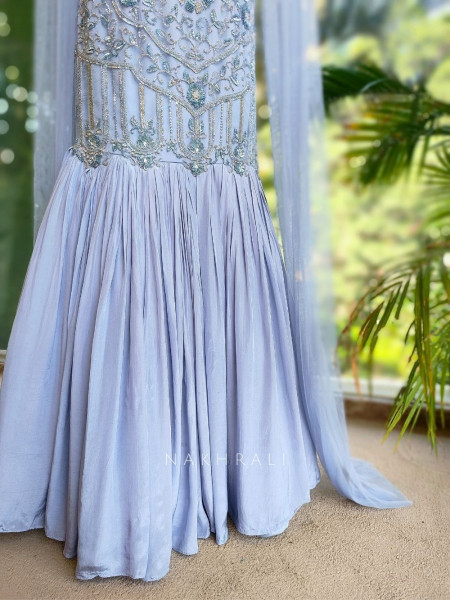 Elysia Grey Embroidered Crop Top Skirt Set with Cape