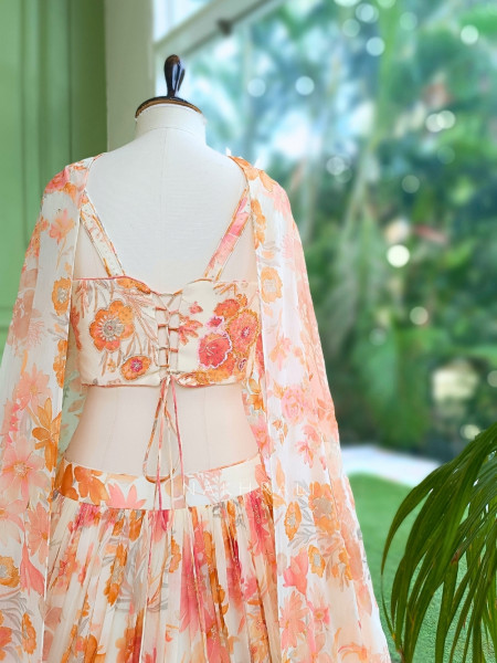 Noor-e-Basant Cream Georgette Lehenga Set With Floral Print & Embroidered