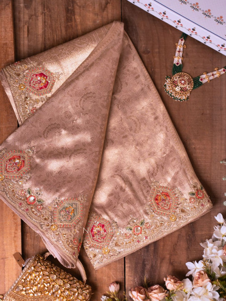 Royal Princess Beige Banarasi Silk Saree with Zardozi Detailing