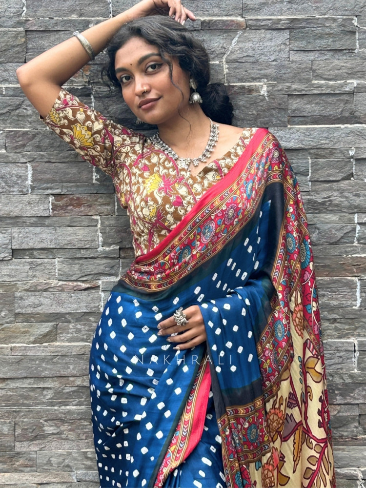 Image of Bindu-Kalam Indigo Blue Gaji Silk Bandhani Saree