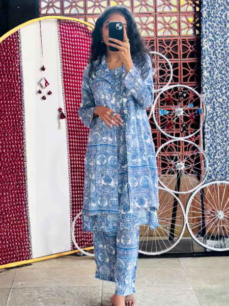 Aarini Blue Cotton Jacket Pant Kurta Set with Handblock Print