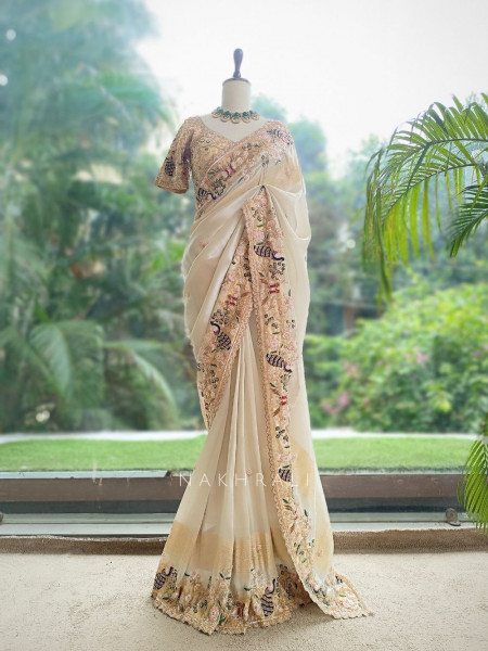 Meadowlark Cream Saree with Readymade Blouse and Beads Thread Embroidery