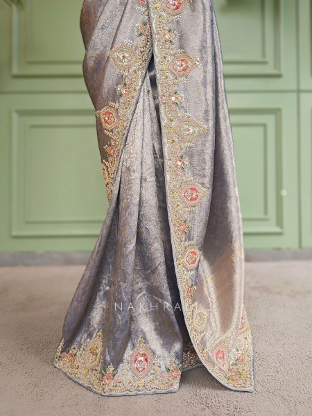 Royal Princess Grey Banarasi Silk Saree with Zardozi Detailing