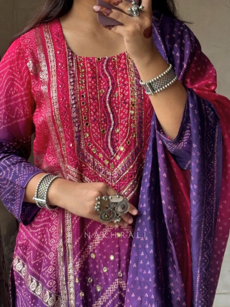 Rangdhaara Purple Bandhej Suit Set with Gota Patti Work